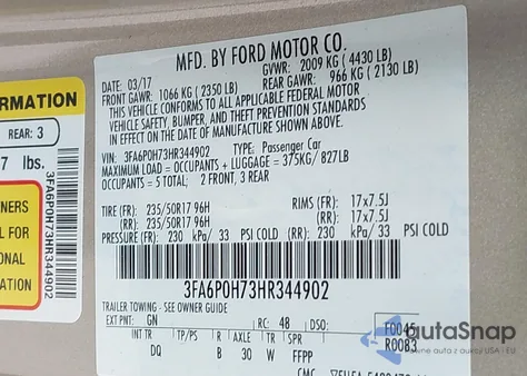2017 Ford Fusion Se z USA, uszkodzony, nr VIN 3FA6P0H73HR344902